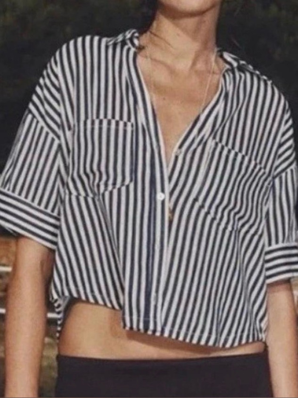 Zara Navy and White Striped Linen Blend Button-Down Crop Shirt